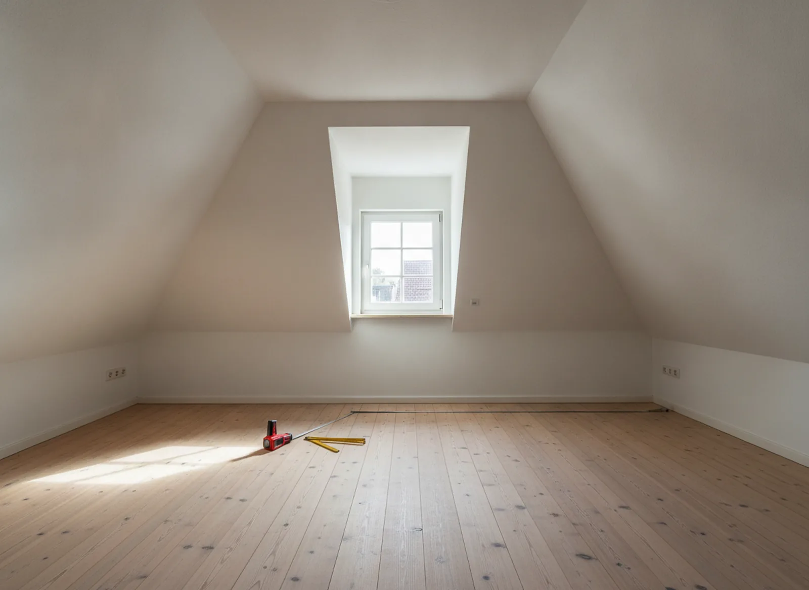 Leere Dachgeschosswohnung mit Dachschrägen, Laser-Entfernungsmesser und Zollstock auf dem Boden